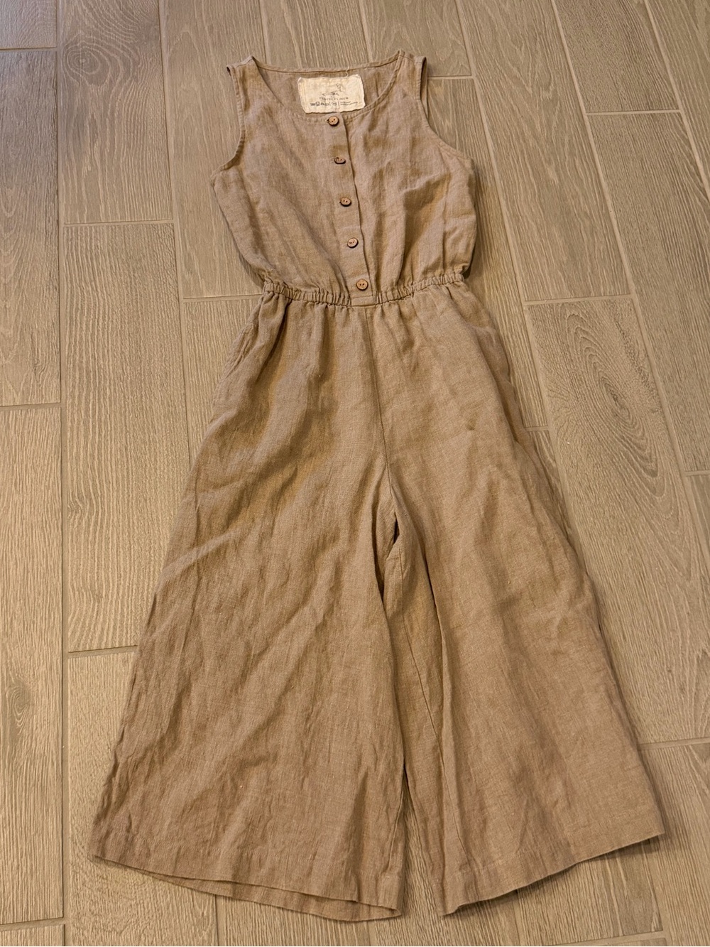 NOTPERFECTLINEN 100% Linen Cropped Wide Leg Jumpsuit Wood Buttons Size XS VGUC